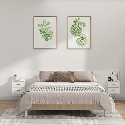 Cabeceira - Cabeceira de cama cama + armários madeira processada branco