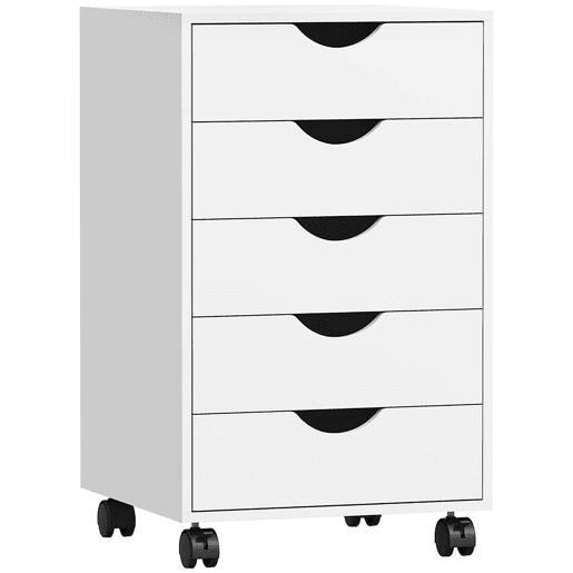 HOMCOM Bloco de Gavetas com Rodas Bloco de Gavetas para Escritório com 5 Gavetas Arquivador Móvel para Escritório 40x40x67 cm Branco