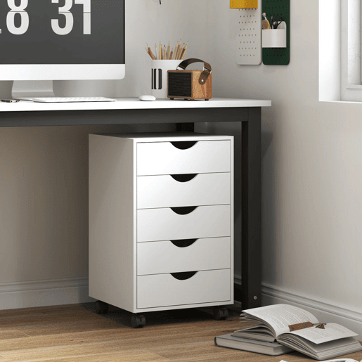 HOMCOM Bloco de Gavetas com Rodas Bloco de Gavetas para Escritório com 5 Gavetas Arquivador Móvel para Escritório 40x40x67 cm Branco