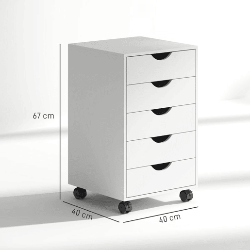 HOMCOM Bloco de Gavetas com Rodas Bloco de Gavetas para Escritório com 5 Gavetas Arquivador Móvel para Escritório 40x40x67 cm Branco
