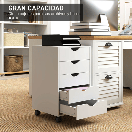 HOMCOM Bloco de Gavetas com Rodas Bloco de Gavetas para Escritório com 5 Gavetas Arquivador Móvel para Escritório 40x40x67 cm Branco