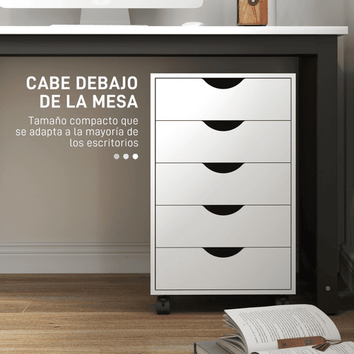 HOMCOM Bloco de Gavetas com Rodas Bloco de Gavetas para Escritório com 5 Gavetas Arquivador Móvel para Escritório 40x40x67 cm Branco