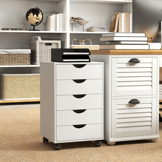 HOMCOM Bloco de Gavetas com Rodas Bloco de Gavetas para Escritório com 5 Gavetas Arquivador Móvel para Escritório 40x40x67 cm Branco