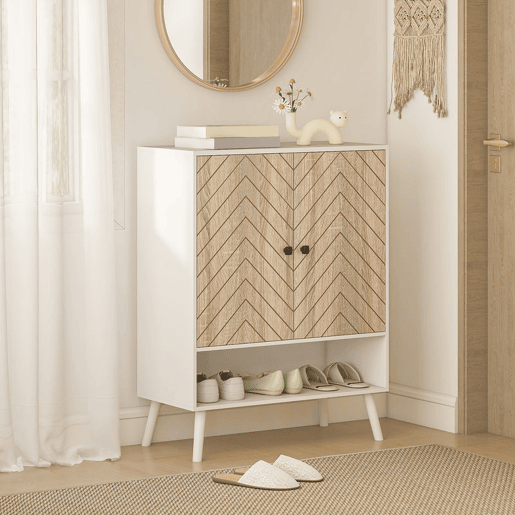 HOMCOM Sapateira de 2 Portas com Desenho em Espiga Sapateira para Entrada com Prateleiras Ajustáveis Compartimento Aberto para 15 Pares de Sapatos 75x35x97 cm Branco e Madeira
