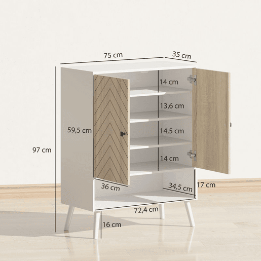 HOMCOM Sapateira de 2 Portas com Desenho em Espiga Sapateira para Entrada com Prateleiras Ajustáveis Compartimento Aberto para 15 Pares de Sapatos 75x35x97 cm Branco e Madeira