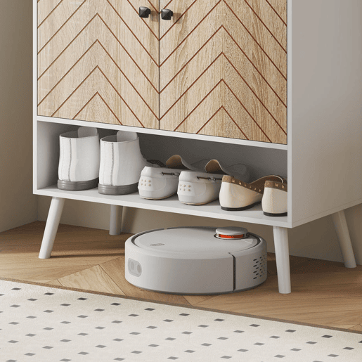HOMCOM Sapateira de 2 Portas com Desenho em Espiga Sapateira para Entrada com Prateleiras Ajustáveis Compartimento Aberto para 15 Pares de Sapatos 75x35x97 cm Branco e Madeira