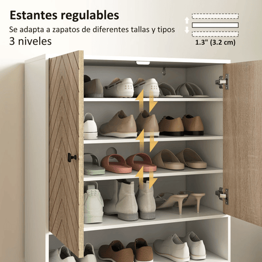 HOMCOM Sapateira de 2 Portas com Desenho em Espiga Sapateira para Entrada com Prateleiras Ajustáveis Compartimento Aberto para 15 Pares de Sapatos 75x35x97 cm Branco e Madeira
