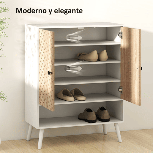 HOMCOM Sapateira de 2 Portas com Desenho em Espiga Sapateira para Entrada com Prateleiras Ajustáveis Compartimento Aberto para 15 Pares de Sapatos 75x35x97 cm Branco e Madeira
