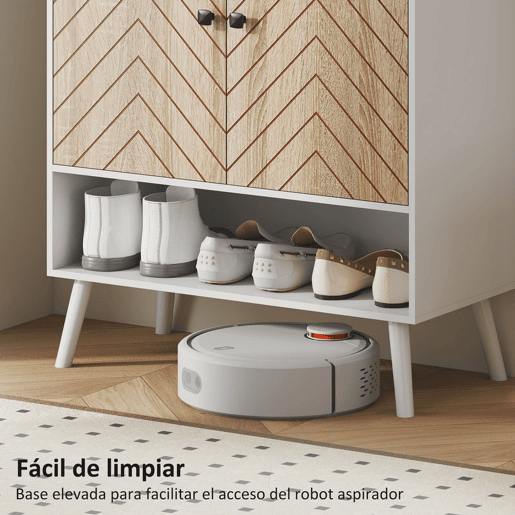 HOMCOM Sapateira de 2 Portas com Desenho em Espiga Sapateira para Entrada com Prateleiras Ajustáveis Compartimento Aberto para 15 Pares de Sapatos 75x35x97 cm Branco e Madeira