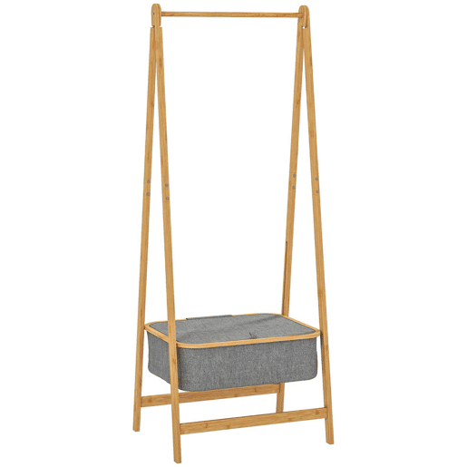 HOMCOM Suporte para Cabides de Bambu com Cesto de Tecido Suporte para Cabides Dobrável para Entrada, Quarto 60x44,5x157,5 cm Madeira Cinzento