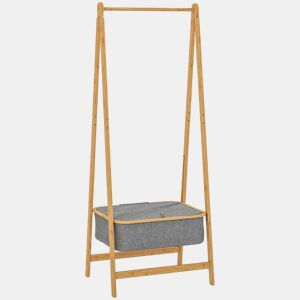 HOMCOM Suporte para Cabides de Bambu com Cesto de Tecido Suporte para Cabides Dobrável para Entrada, Quarto 60x44,5x157,5 cm Madeira Cinzento