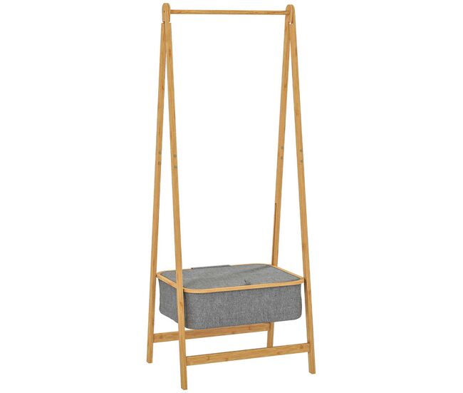 Homcom burro ropa de bambú con cesta de tela con tapa, perchero burro ropa plegable, perchero para recibidor, entrada, dormitorio, 60x44,5x157,5 cm,