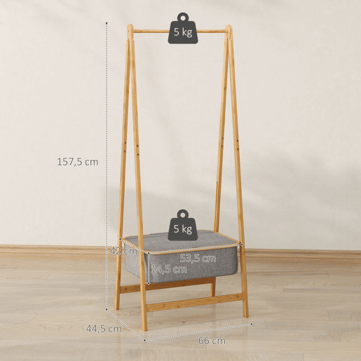 HOMCOM Suporte para Cabides de Bambu com Cesto de Tecido Suporte para Cabides Dobrável para Entrada, Quarto 60x44,5x157,5 cm Madeira Cinzento