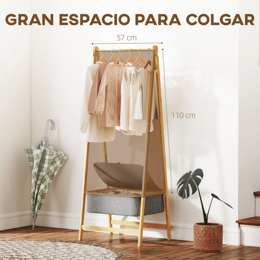 HOMCOM Suporte para Cabides de Bambu com Cesto de Tecido Suporte para Cabides Dobrável para Entrada, Quarto 60x44,5x157,5 cm Madeira Cinzento