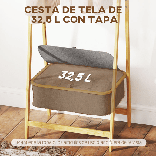 HOMCOM Suporte para Cabides de Bambu com Cesto de Tecido Suporte para Cabides Dobrável para Entrada, Quarto 60x44,5x157,5 cm Madeira Cinzento