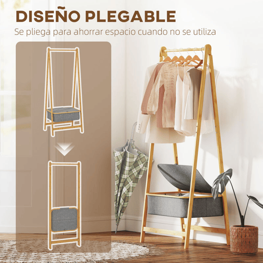 HOMCOM Suporte para Cabides de Bambu com Cesto de Tecido Suporte para Cabides Dobrável para Entrada, Quarto 60x44,5x157,5 cm Madeira Cinzento