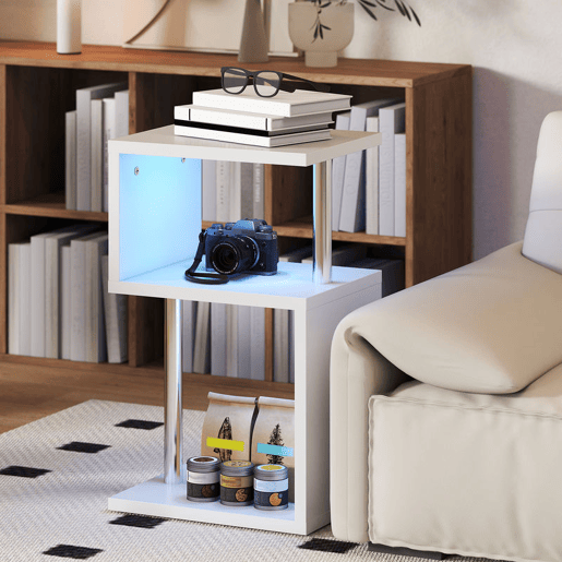 HOMCOM Mesa Auxiliar com Luz LED de 3 Níveis Mesa Auxiliar Moderna com Forma de S Prateleiras Abertas e Estrutura em Alumínio para Sala Quarto 44x38x75 cm Branco