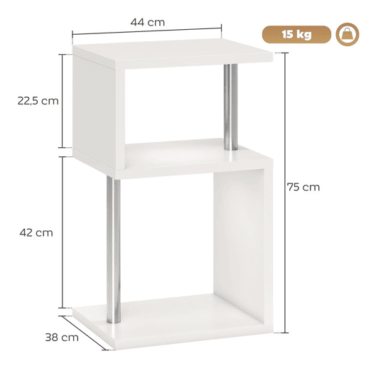 HOMCOM Mesa Auxiliar com Luz LED de 3 Níveis Mesa Auxiliar Moderna com Forma de S Prateleiras Abertas e Estrutura em Alumínio para Sala Quarto 44x38x75 cm Branco