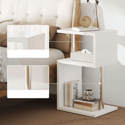 HOMCOM Mesa Auxiliar com Luz LED de 3 Níveis Mesa Auxiliar Moderna com Forma de S Prateleiras Abertas e Estrutura em Alumínio para Sala Quarto 44x38x75 cm Branco