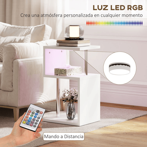 HOMCOM Mesa Auxiliar com Luz LED de 3 Níveis Mesa Auxiliar Moderna com Forma de S Prateleiras Abertas e Estrutura em Alumínio para Sala Quarto 44x38x75 cm Branco