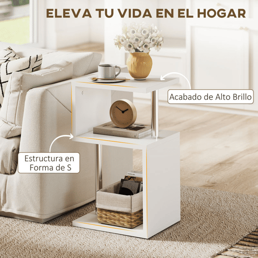 HOMCOM Mesa Auxiliar com Luz LED de 3 Níveis Mesa Auxiliar Moderna com Forma de S Prateleiras Abertas e Estrutura em Alumínio para Sala Quarto 44x38x75 cm Branco