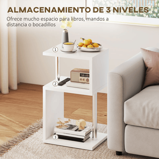 HOMCOM Mesa Auxiliar com Luz LED de 3 Níveis Mesa Auxiliar Moderna com Forma de S Prateleiras Abertas e Estrutura em Alumínio para Sala Quarto 44x38x75 cm Branco