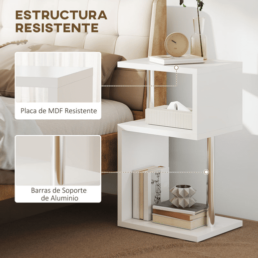 HOMCOM Mesa Auxiliar com Luz LED de 3 Níveis Mesa Auxiliar Moderna com Forma de S Prateleiras Abertas e Estrutura em Alumínio para Sala Quarto 44x38x75 cm Branco
