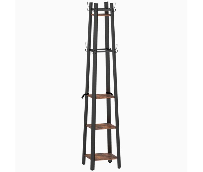 Homcom perchero de pie de 4 niveles, con 4 estantes, 8 ganchos, perchero de entrada recibidor con estructura metálica, para colgar ropa, sombrero, en pasillo, sala de estar, dormitorio, marrón rústico