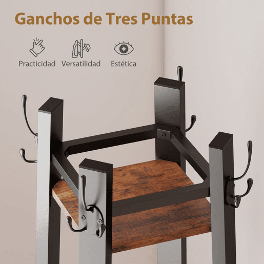 HOMCOM Cabideiro de Pé com 4 Níveis, 4 Prateleiras 8 Ganchos Estrutura Metálica para Entrada Sala de Estar Quarto Marrom Rústico