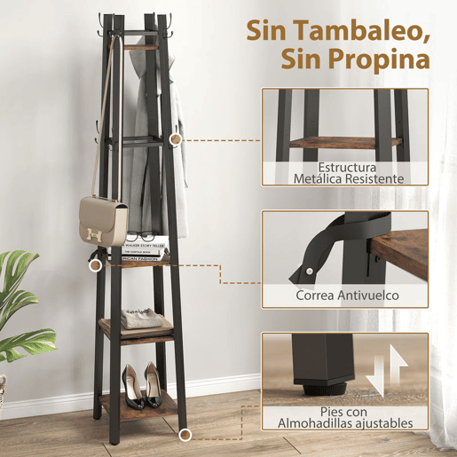 HOMCOM Cabideiro de Pé com 4 Níveis, 4 Prateleiras 8 Ganchos Estrutura Metálica para Entrada Sala de Estar Quarto Marrom Rústico