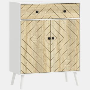 HOMCOM Sapateira de 2 Portas com Design em Espiga Sapateira para Entrada com Prateleiras Ajustáveis Gaveta para 12 Pares de Sapatos 75x35x97 cm Branco e Madeira