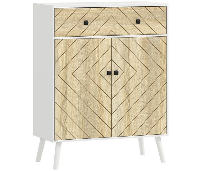 Homcom zapatero de 2 puertas en espiga, zapatero entrada recibidor con estantes ajustables, cajón, para 12 pares de zapatos, 75x35x97 cm, blanco y