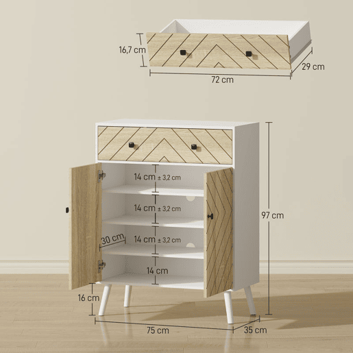 HOMCOM Sapateira de 2 Portas com Design em Espiga Sapateira para Entrada com Prateleiras Ajustáveis Gaveta para 12 Pares de Sapatos 75x35x97 cm Branco e Madeira HOMCOM Sapateira de 2 Portas com Design em Espiga Sapateira para Entrada com Prateleiras Ajustáveis Gaveta para 12 Pares de Sapatos 75x35x97 cm Branco e Madeira