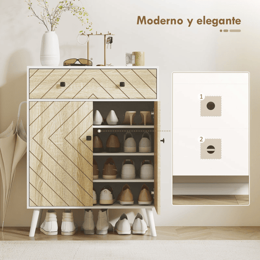 HOMCOM Sapateira de 2 Portas com Design em Espiga Sapateira para Entrada com Prateleiras Ajustáveis Gaveta para 12 Pares de Sapatos 75x35x97 cm Branco e Madeira HOMCOM Sapateira de 2 Portas com Design em Espiga Sapateira para Entrada com Prateleiras Ajustáveis Gaveta para 12 Pares de Sapatos 75x35x97 cm Branco e Madeira