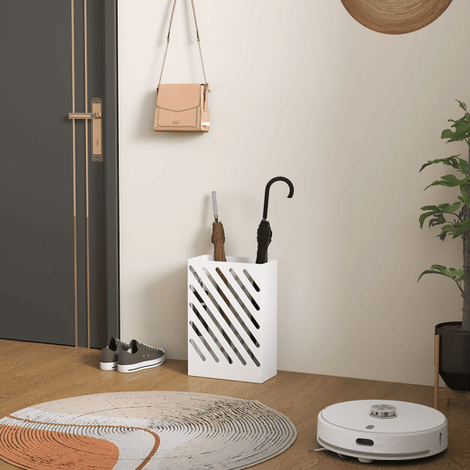 HOMCOM Suporte para Guarda-Chuvas de Aço Galvanizado com Bandeja de Gotejamento Removível 4 Ganchos Design de Elegante para Entrada Corredor Escritório 28x14x41 cm Branco