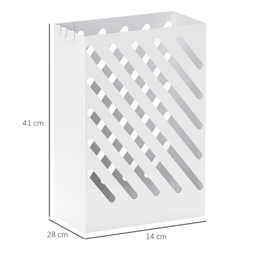 HOMCOM Suporte para Guarda-Chuvas de Aço Galvanizado com Bandeja de Gotejamento Removível 4 Ganchos Design de Elegante para Entrada Corredor Escritório 28x14x41 cm Branco