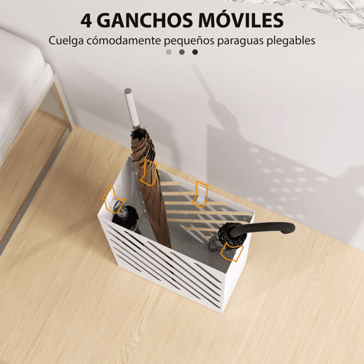 HOMCOM Suporte para Guarda-Chuvas de Aço Galvanizado com Bandeja de Gotejamento Removível 4 Ganchos Design de Elegante para Entrada Corredor Escritório 28x14x41 cm Branco