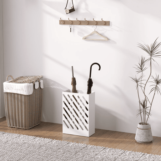 HOMCOM Suporte para Guarda-Chuvas de Aço Galvanizado com Bandeja de Gotejamento Removível 4 Ganchos Design de Elegante para Entrada Corredor Escritório 28x14x41 cm Branco