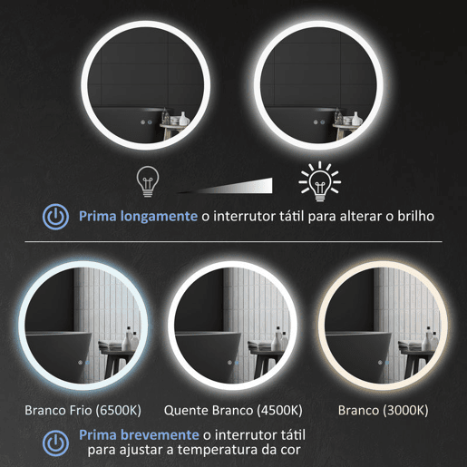 kleankin Espelho Casa de Banho Redondo com Luzes LED Ø60 cm Espelho com Iluminação Função Antiembaciamento 3 Luzes Função de Memória e Interruptor Tátil Prata kleankin Espelho Casa de Banho Redondo com Luzes LED Ø60 cm Espelho com Iluminação Função Antiembaciamento 3 Luzes Função de Memória e Interruptor Tátil Prata