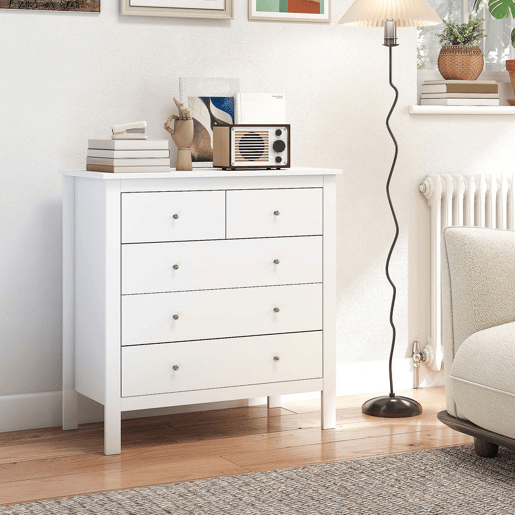 Cómoda HOMCOM com 5 Gavetas Cómoda de Quarto com Pés Elevados Cómoda para Sala Escritório Estilo Moderno 79x39,5x80,5 cm Branco