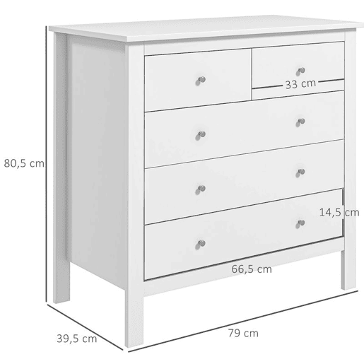 Cómoda HOMCOM com 5 Gavetas Cómoda de Quarto com Pés Elevados Cómoda para Sala Escritório Estilo Moderno 79x39,5x80,5 cm Branco