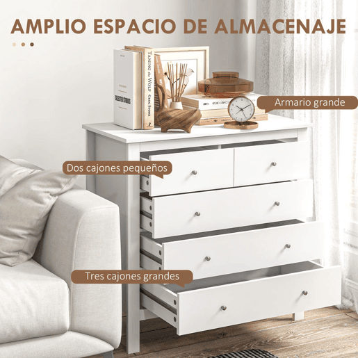 Cómoda HOMCOM com 5 Gavetas Cómoda de Quarto com Pés Elevados Cómoda para Sala Escritório Estilo Moderno 79x39,5x80,5 cm Branco