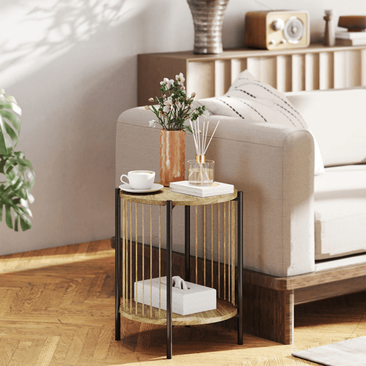 HOMCOM Mesa Auxiliar Redonda de 2 Níveis Mesa Auxiliar Boémia com Prateleira e Estrutura em Aço para Sala de Estar Quarto 43,5x43,5x51 cm Madeira e Preto