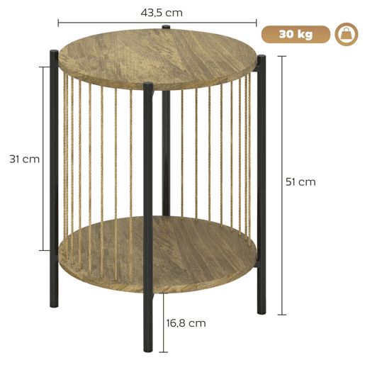 HOMCOM Mesa Auxiliar Redonda de 2 Níveis Mesa Auxiliar Boémia com Prateleira e Estrutura em Aço para Sala de Estar Quarto 43,5x43,5x51 cm Madeira e Preto