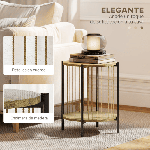 HOMCOM Mesa Auxiliar Redonda de 2 Níveis Mesa Auxiliar Boémia com Prateleira e Estrutura em Aço para Sala de Estar Quarto 43,5x43,5x51 cm Madeira e Preto