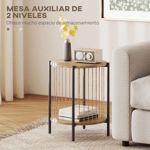 HOMCOM Mesa Auxiliar Redonda de 2 Níveis Mesa Auxiliar Boémia com Prateleira e Estrutura em Aço para Sala de Estar Quarto 43,5x43,5x51 cm Madeira e Preto