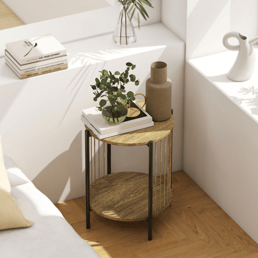 HOMCOM Mesa Auxiliar Redonda de 2 Níveis Mesa Auxiliar Boémia com Prateleira e Estrutura em Aço para Sala de Estar Quarto 43,5x43,5x51 cm Madeira e Preto