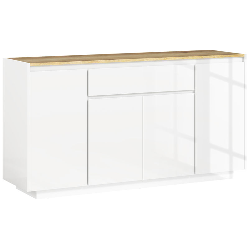 Homcom aparador de 4 puertas aparador de salón con cajón y estantes ajustables para dormitorio sala de estar 140x40x75 cm natural y blanco brillo