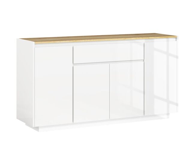 Homcom aparador de 4 puertas aparador de salón con cajón y estantes ajustables para dormitorio sala de estar 140x40x75 cm natural y blanco brillo
