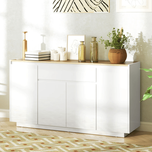 HOMCOM Aparador de Sala de Estar Aparador com 4 Portas Gaveta e Prateleiras Ajustáveis Móvel Aparador para Sala de Estar Dormitório 140x40x75 cm Madeira e Branco Brilhante HOMCOM Aparador de Sala de Estar Aparador com 4 Portas Gaveta e Prateleiras Ajustáveis Móvel Aparador para Sala de Estar Dormitório 140x40x75 cm Madeira e Branco Brilhante